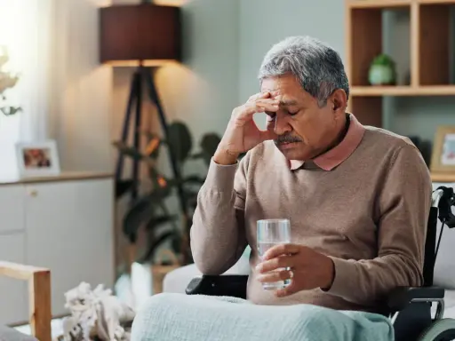 Älterer Mann im Rollstuhl mit Kopfschmerzen, hält ein Glas Wasser. Möglicherweise ein Parkinson-Test der Haut, der auf seine Symptome hinweist.