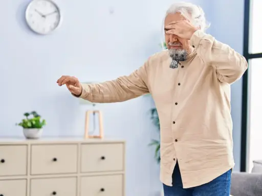Älterer Mann mit weißem Haar und Bart hält sich die Augen zu, als hätte er Schwindel nach dem Aufstehen. Er tastet unsicher nach vorne.