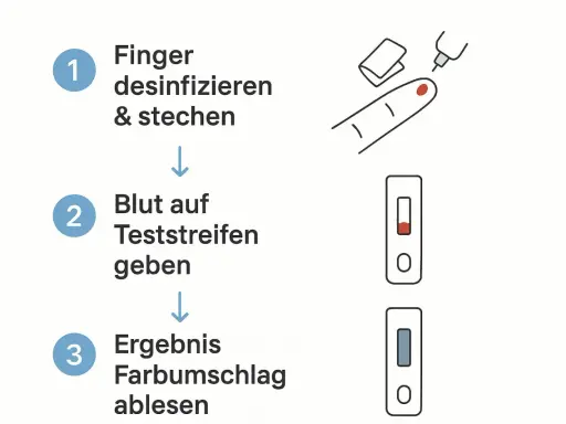Anleitung zur Blutentnahme für einen Test, z.B. Eisenwert im Blut. Finger desinfizieren, Blut auf Teststreifen geben, Ergebnis ablesen.