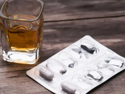 Ein Glas mit bernsteinfarbener Flüssigkeit und eine Blisterpackung mit einigen verbleibenden Pillen. Die Kombination von paracetamol und alkohol kann gefährlich sein.