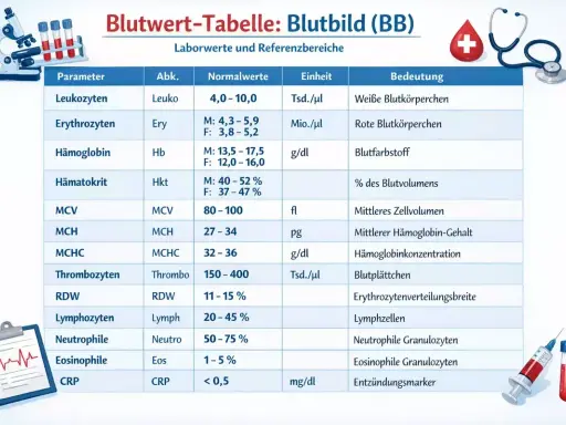Blutbild-Tabelle mit Parametern wie Leukozyten, Erythrozyten (rote Blutkörperchen) und deren Normalwerte.
