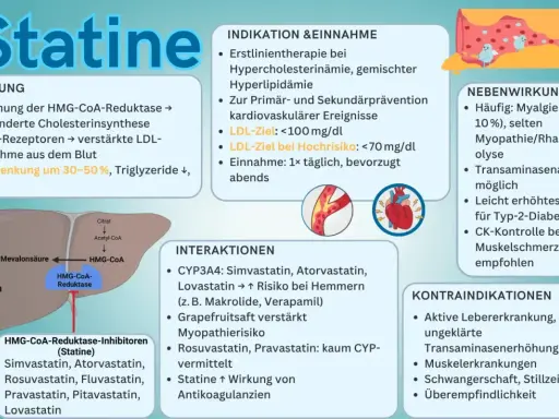 Statine: Häufige Nebenwirkung sind Muskelschmerzen. Die Frage, wie lange Muskelschmerzen nach Absetzen von Statinen anhalten, wird hier nicht direkt beantwortet, aber CK-Kontrolle bei Schmerzen empfohlen.