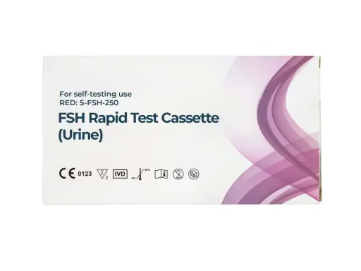 FSH Schnelltest-Kassette für Urin. Ein Selbsttest, der bei der Erkennung von Wechseljahre-Anzeichen helfen kann.