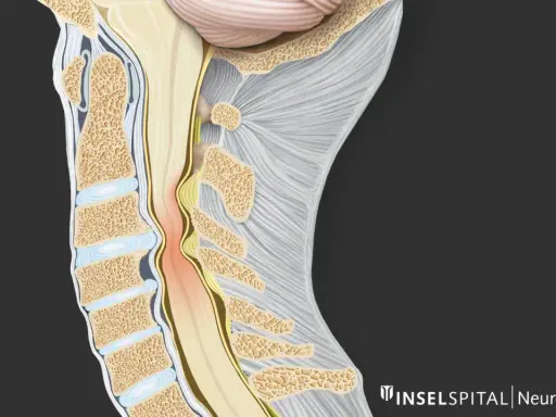 Illustration zeigt eine Kompression des Rückenmarks im Halsbereich, die zu zervikaler Myelopathie führen kann. Die Lebenserwartung hängt von der Schwere ab.