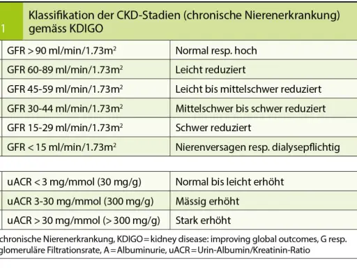 Tabelle zeigt CKD-Stadien nach KDIGO, basierend auf GFR-Werten (Nierenwerte Blut) und Albuminurie.