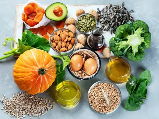 Vielfalt an vitamin e lebensmittel: Kürbis, Avocado, Mandeln, Sonnenblumenkerne, Brokkoli, Spinat, Eier und Öle.