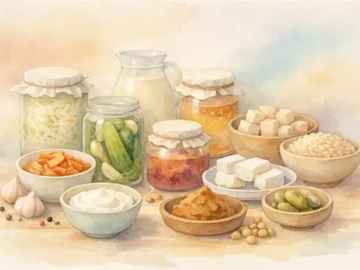 Vielfalt an fermentierten Lebensmitteln: Sauerkraut, eingelegte Gurken, Karotten, Miso, Joghurt, Tofu und mehr.