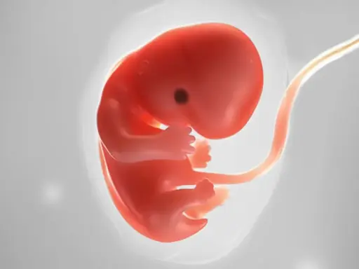 Ein roter Embryo mit Nabelschnur, dargestellt als Ultraschall 7 ssw.