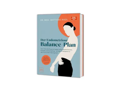 Buchcover "Der Endometriose Balance-Plan" von Dr. med. Matthias Riedl. Ein Ratgeber zur Endometriose Behandlung mit Rezepten für hormonelles Gleichgewicht.