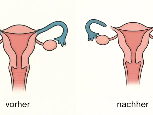 Vergleich: Gebärmutter mit durchgängigen Eileitern (vorher) und nach Sterilisation Frau (nachher), wo die Eileiter unterbrochen sind.