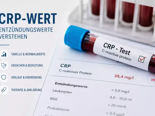 Blutprobe für CRP-Test, zeigt Entzündungswerte wie Leukozyten und BSG. Der CRP-Wert ist 28,4 mg/l.