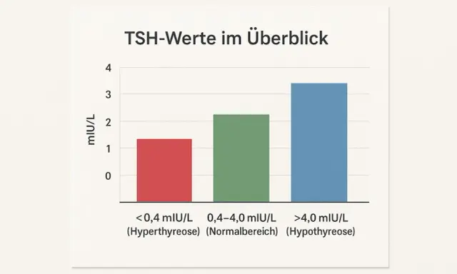 Balkendiagramm zeigt TSH-Werte im Überblick für Frauen: <0,4 (Hyperthyreose), 0,4-4,0 (Normalbereich), >4,0 (Hypothyreose).