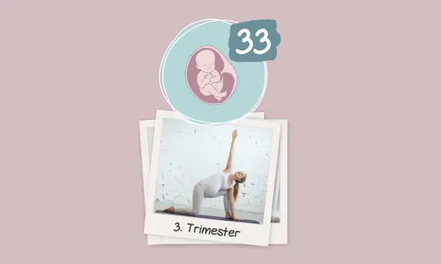 Schwangerschaftswoche 33: Eine schwangere Frau in Yoga-Pose im 3. Trimester.