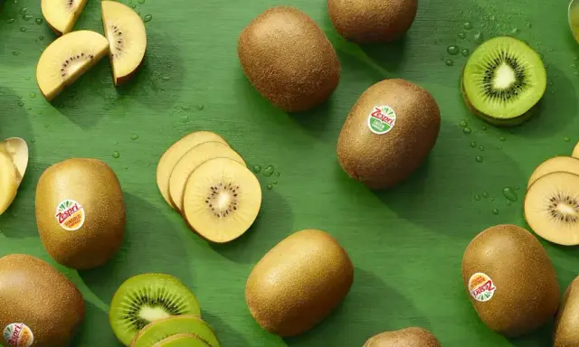 Gold- und grüne Kiwis, ganz und geschnitten, auf grünem Hintergrund. Ein Löffel mit Kiwi-Fruchtfleisch. Kiwi gesund und lecker.
