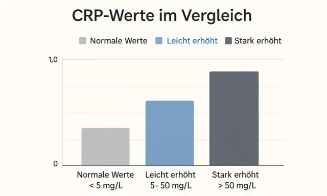Balkendiagramm zeigt CRP-Werte im Vergleich für Erwachsene: normale Werte (< 5 mg/L), leicht erhöht (5-50 mg/L) und stark erhöht (> 50 mg/L).