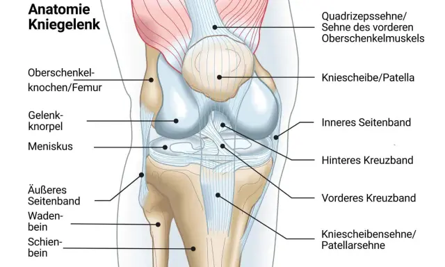 Anatomische Darstellung des Kniegelenks mit Beschriftungen. Das innere Seitenband ist hervorgehoben, was auf mögliche knieschmerzen innenseite hindeuten könnte.