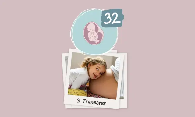 Ein kleines Mädchen lauscht am Bauch der Mutter. 32 ssw, 3. Trimester.