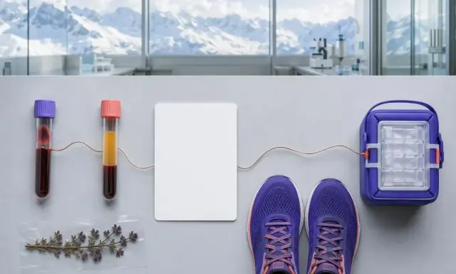 Blutproben, Laufschuhe und ein Kühlbeutel vor Bergpanorama. Möglicherweise zur Analyse des **LDH-Werts** nach sportlicher Betätigung.