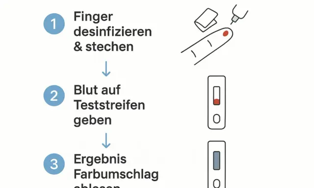 Anleitung zur Blutentnahme für einen Test, z.B. Eisenwert im Blut. Finger desinfizieren, Blut auf Teststreifen geben, Ergebnis ablesen.