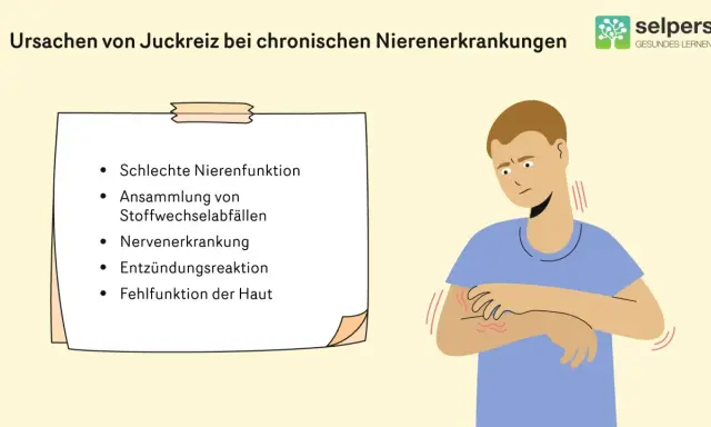 Mann kratzt sich am Arm, da er unter Juckreiz bei Niereninsuffizienz leidet. Ursachen sind schlechte Nierenfunktion, Stoffwechselabfälle, Nerven- und Hautprobleme.
