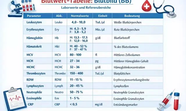 Blutbild-Tabelle mit Parametern wie Leukozyten, Erythrozyten (rote Blutkörperchen) und deren Normalwerte.
