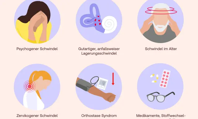 Sechs Ursachen für Schwindel: psychogen, Lagerung, im Alter, zervikogen, Orthostase, Medikamente. Was tun gegen Schwindel?