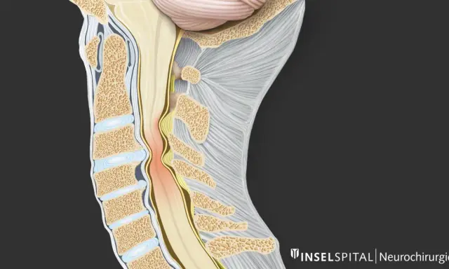 Illustration zeigt eine Kompression des Rückenmarks im Halsbereich, die zu zervikaler Myelopathie führen kann. Die Lebenserwartung hängt von der Schwere ab.