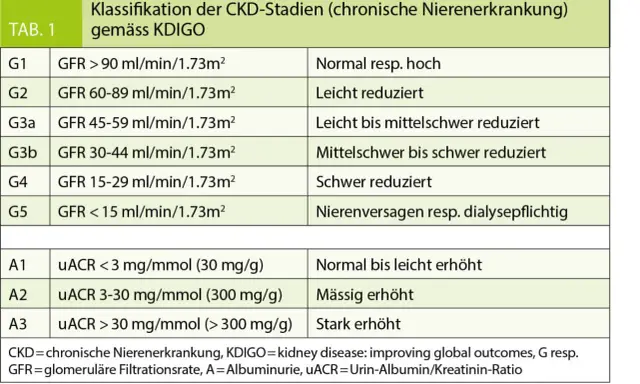 Tabelle zeigt CKD-Stadien nach KDIGO, basierend auf GFR-Werten (Nierenwerte Blut) und Albuminurie.
