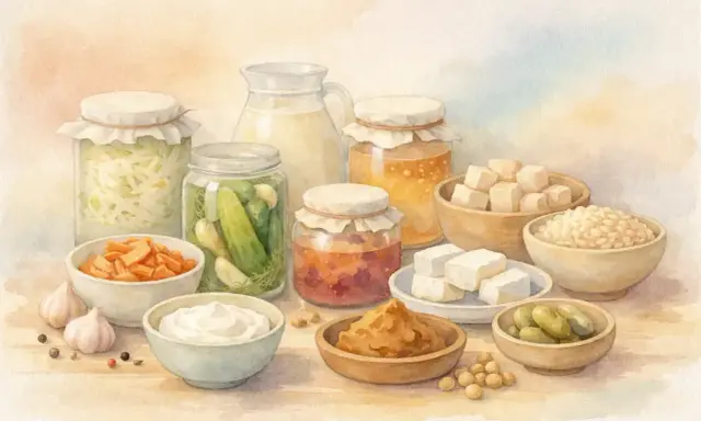 Vielfalt an fermentierten Lebensmitteln: Sauerkraut, eingelegte Gurken, Karotten, Miso, Joghurt, Tofu und mehr.