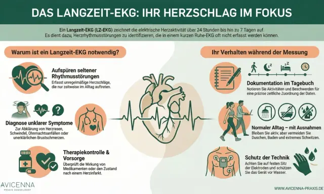 Das Langzeit-EKG hilft, Herzrhythmusstörungen zu erkennen, die im Alltag auftreten. Es dokumentiert den Herzschlag über Tage.