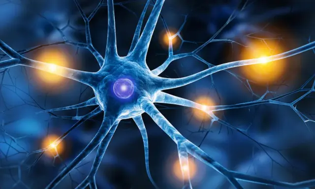 Blaues Neuron mit leuchtendem Kern und orangefarbenen Impulsen, die auf die Nervenbahnen hindeuten. Mögliche Darstellung von small fiber neuropathie augen.