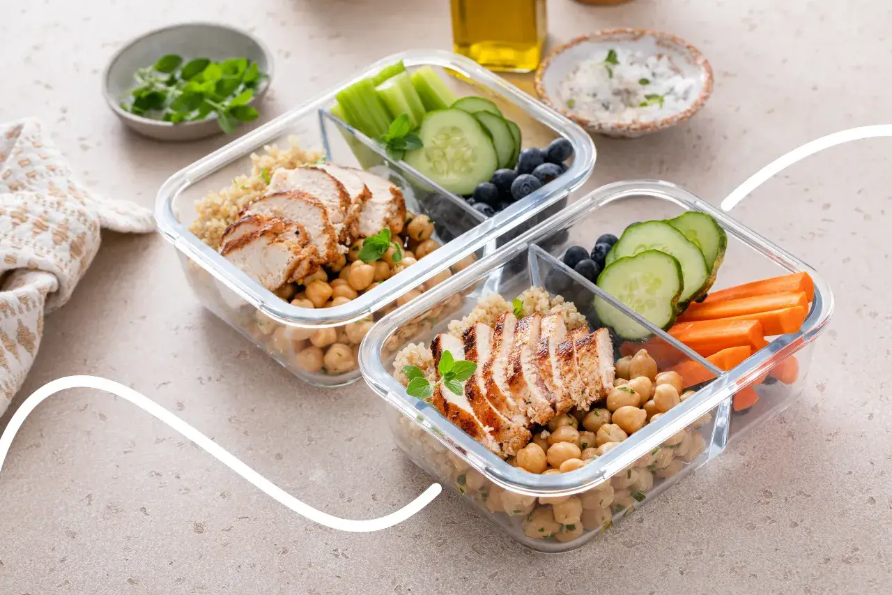 Zwei Behälter mit Hähnchenbrust, Kichererbsen, Quinoa, Gurken, Karotten und Beeren. Perfekt für Meal Prep.