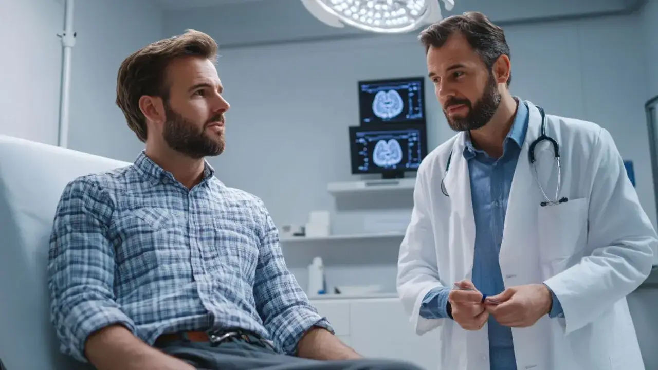Arzt erkl&auml;rt einem Patienten, was ist Neurologie. Im Hintergrund sind Gehirnscans zu sehen.