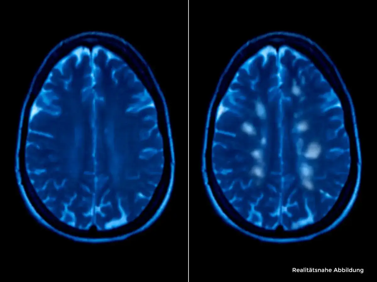 Zwei MRT-Aufnahmen des Gehirns zeigen den Unterschied bei der multiple sklerose diagnostik: Links ein gesundes Gehirn, rechts L&auml;sionen.