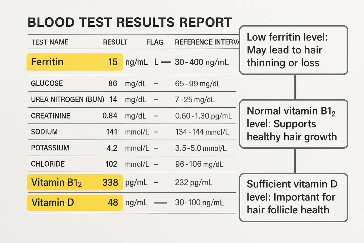 Bluttestbericht zeigt Ferritin bei 15 ng/mL, was als niedriger Wert gilt und zu Haarausfall f&uuml;hren kann. Vitamin B12 und D sind im Normbereich.