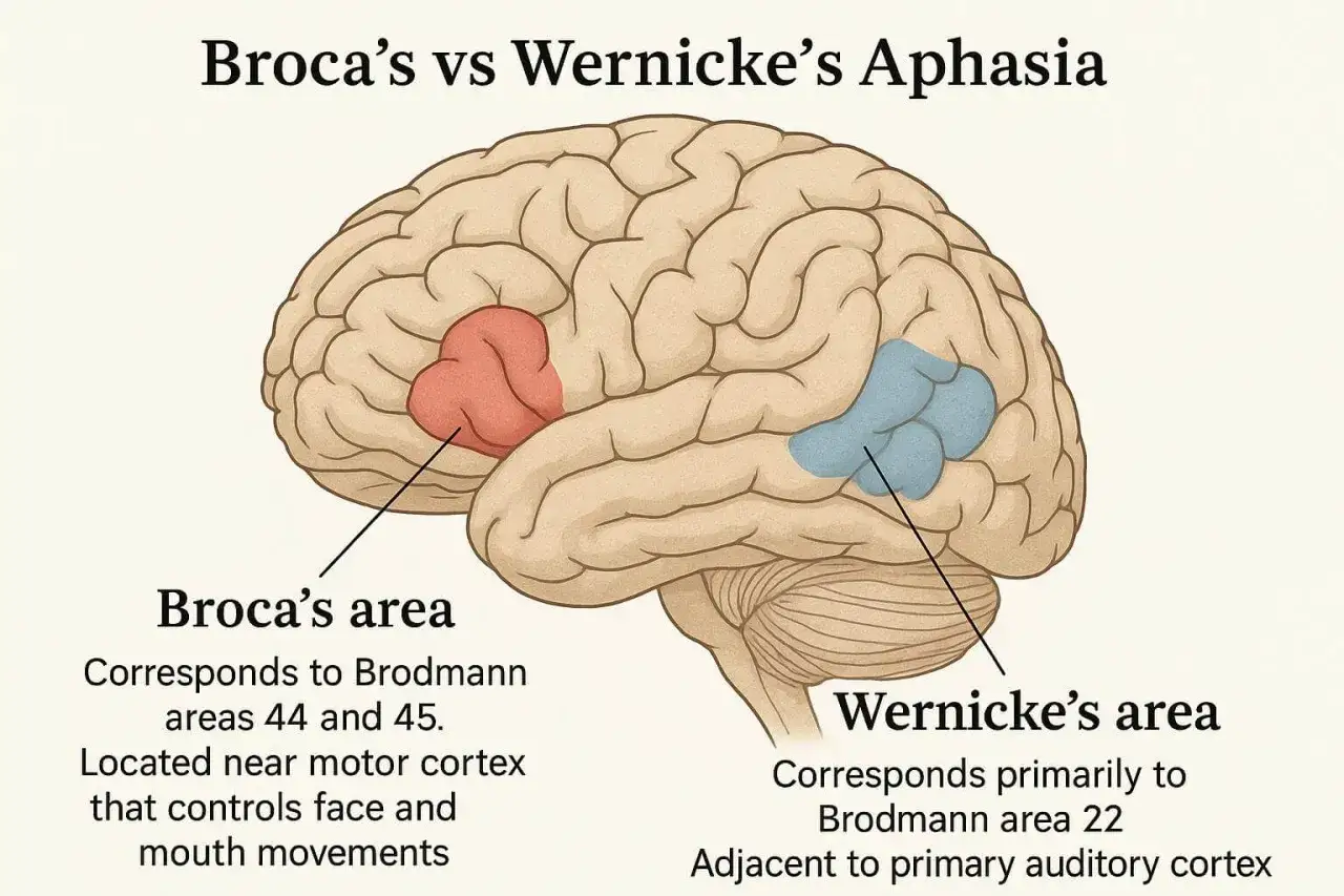 Gehirn mit hervorgehobenen Bereichen f&uuml;r Broca- und Wernicke-Aphasie. Broca-Areal (rot) f&uuml;r Sprachproduktion, Wernicke-Areal (blau) f&uuml;r Sprachverst&auml;ndnis.