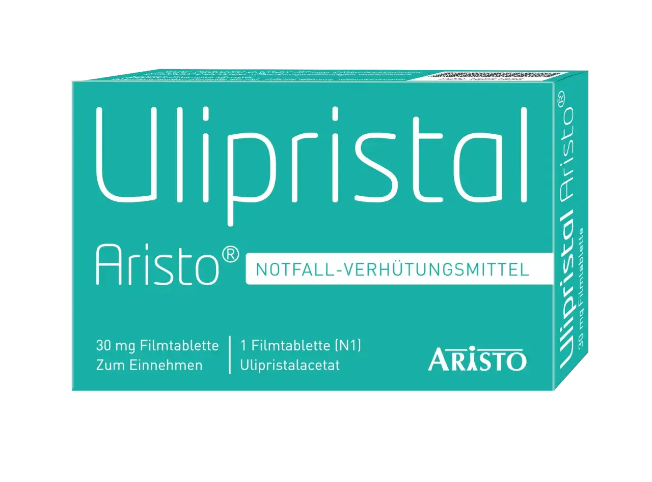 Packung Ulipristal Aristo, ein Notfallverh&uuml;tungsmittel. Die Pille danach ist f&uuml;r den schnellen Einsatz gedacht.