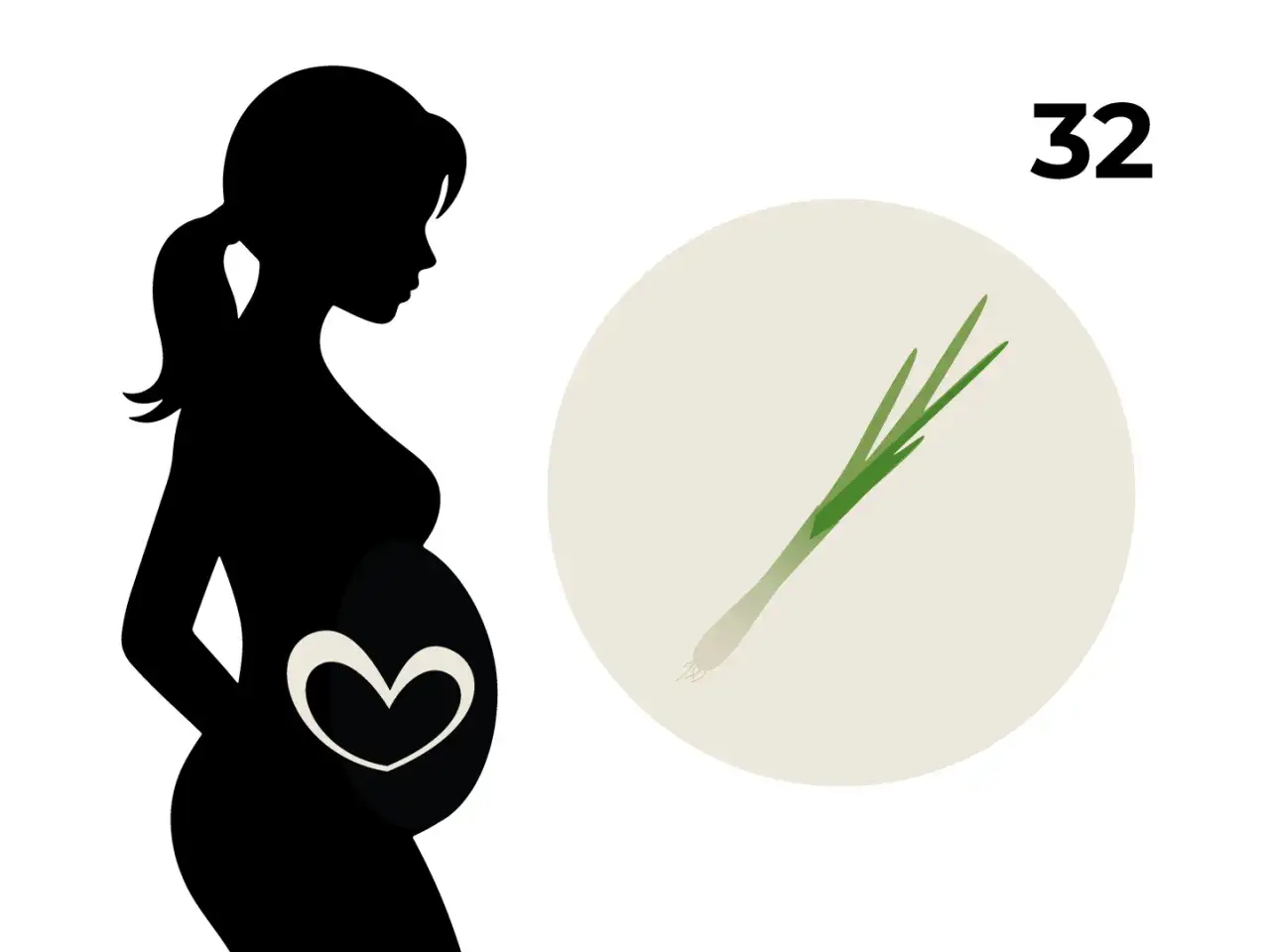 32 ssw: Silhouette einer Schwangeren mit einem Lauchzwiebel-Symbol.