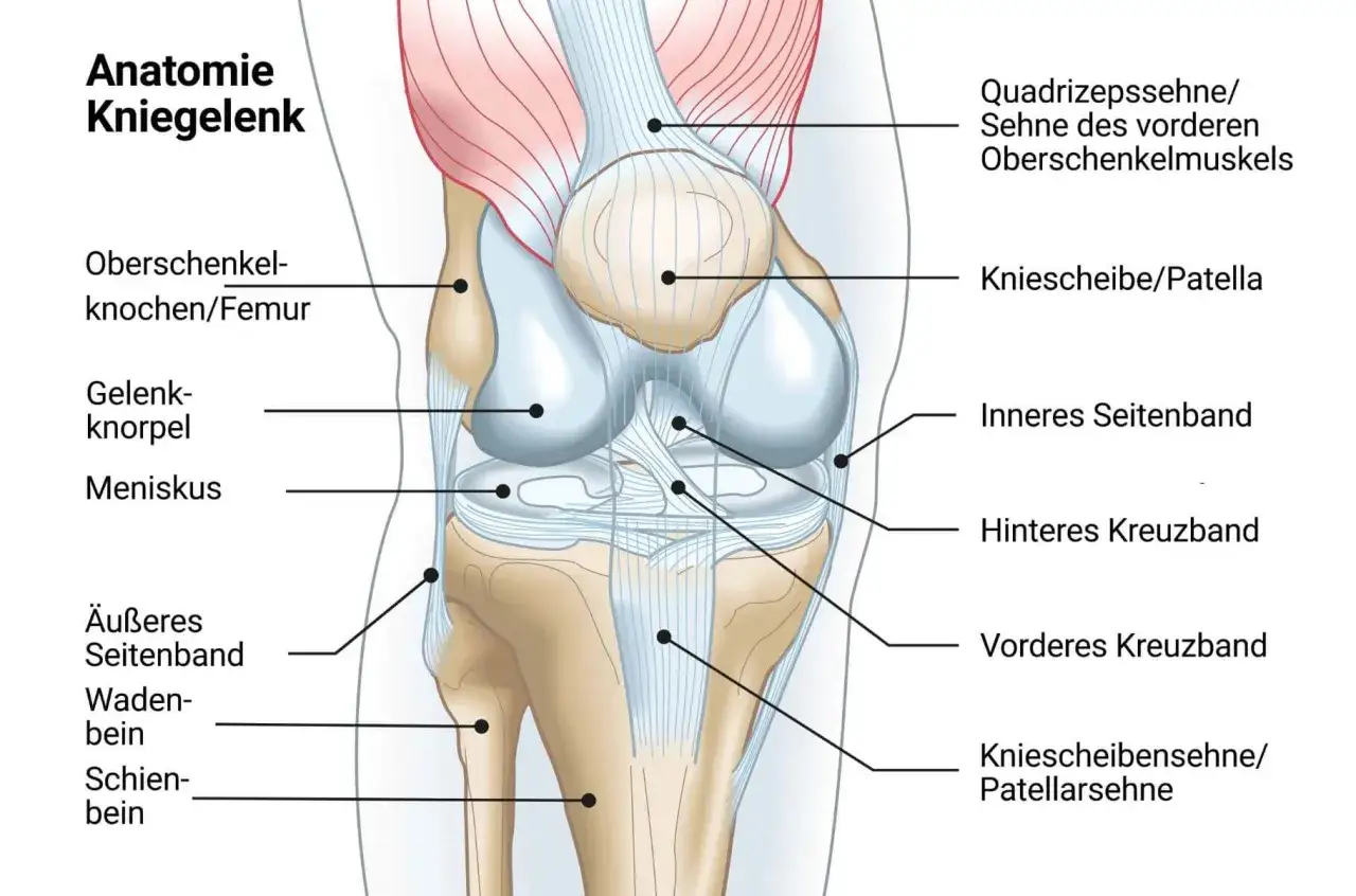 Anatomische Darstellung des Kniegelenks. Das innere Seitenband kann bei &Uuml;berlastung zu Knieschmerzen innenseite f&uuml;hren.
