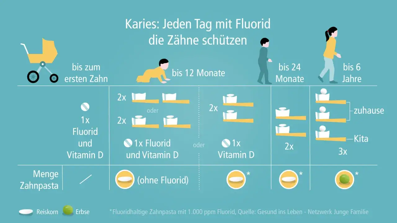 Empfehlungen für Zahnpasta mit Fluorid und Vitamin D für Kinder, je nach Alter und Putzhäufigkeit.