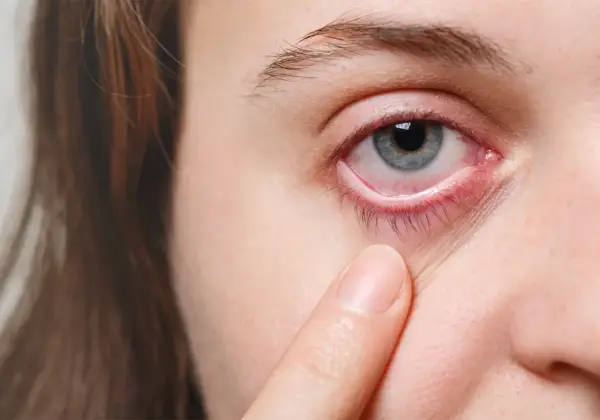 Ein blasses Unterlid und gerötete Augen können Anzeichen von Blutarmut im Alter sein.