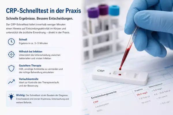 Blutstropfen fallen auf CRP-Testkassette. Ein hoher CRP-Wert im Blut zeigt Entzündungen an. Schnelle Ergebnisse für bessere Entscheidungen.