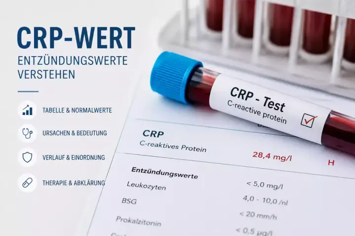 Blutprobe für CRP-Test, zeigt Entzündungswerte wie Leukozyten und BSG. Der CRP-Wert ist 28,4 mg/l.