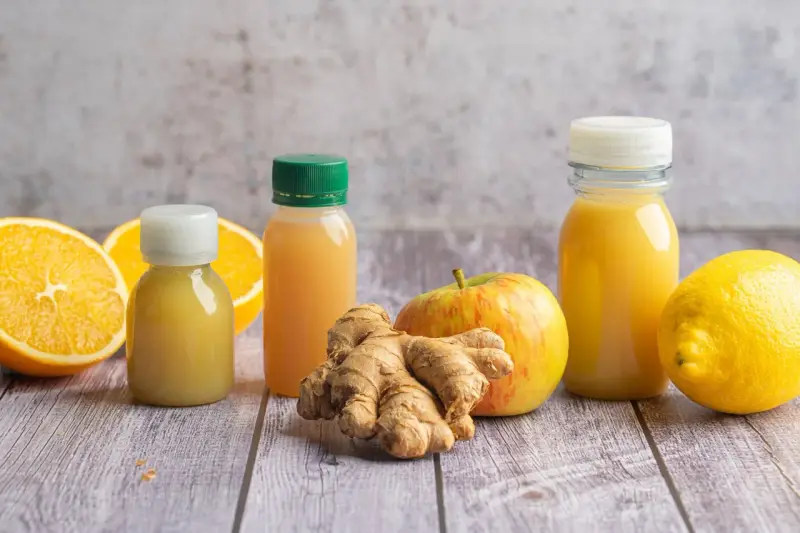 Frische Zutaten für einen belebenden Ingwer-Shot: Orangen, Zitrone, Apfel und Ingwerwurzel neben kleinen Flaschen mit gelbem Saft.